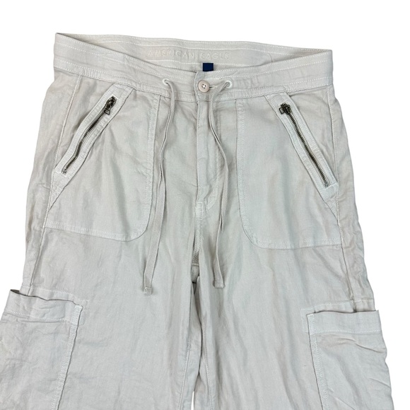 American Eagle Dreamy Drape Baggy Wide Leg High Rise Linen Cream Pants Size 10 - Picture 5 of 11